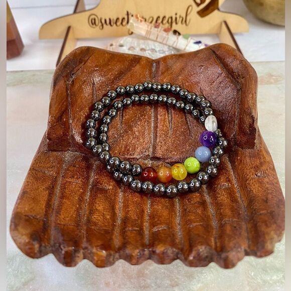 Handmade Hematite Rainbow Chakra Mixed Gemstone Bead Bracelet Set - Picture 4 of 8